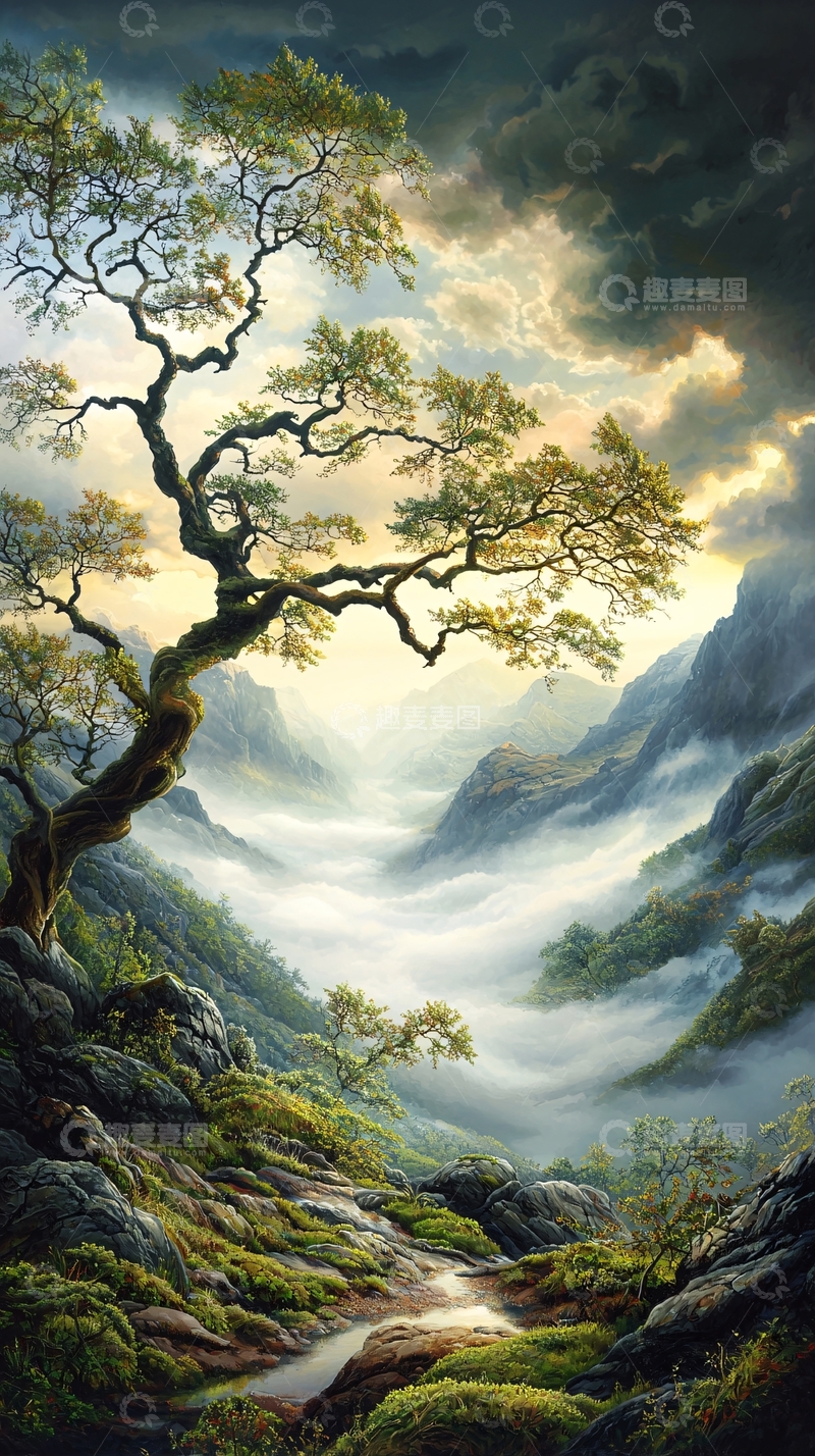 高清大图下载【趣麦麦图】晨雾山谷中的古老橡树