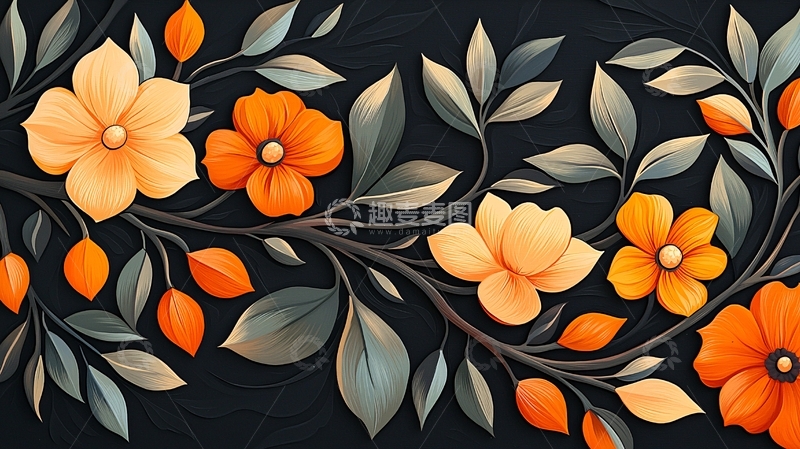 高清大图下载【趣麦麦图】橙色花朵与叶子的艺术插画