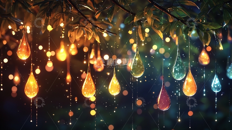 高清大图下载【趣麦麦图】梦幻树上的彩色水滴灯饰