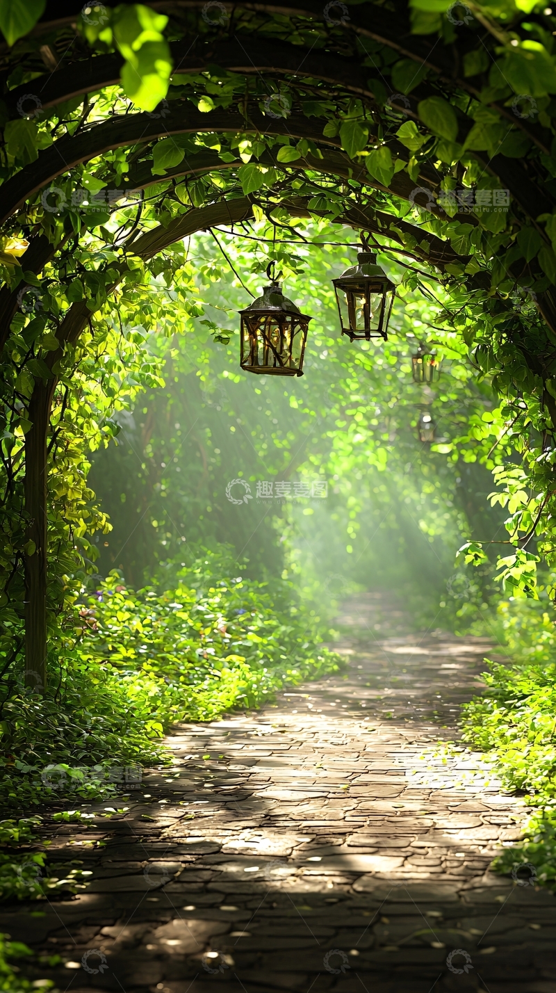 高清大图下载【趣麦麦图】阳光透过藤蔓拱门的小径
