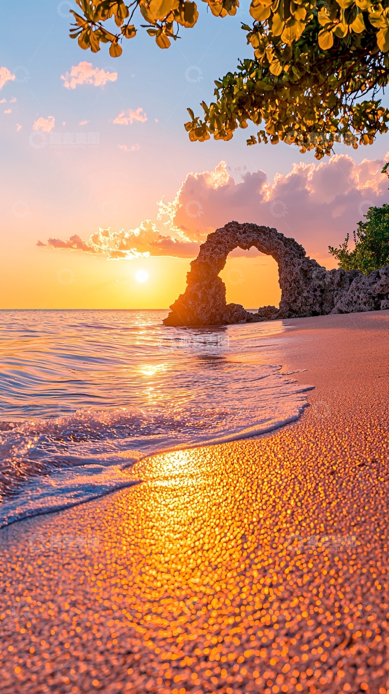 高清大图下载【趣麦麦图】日落海滩上的天然拱门