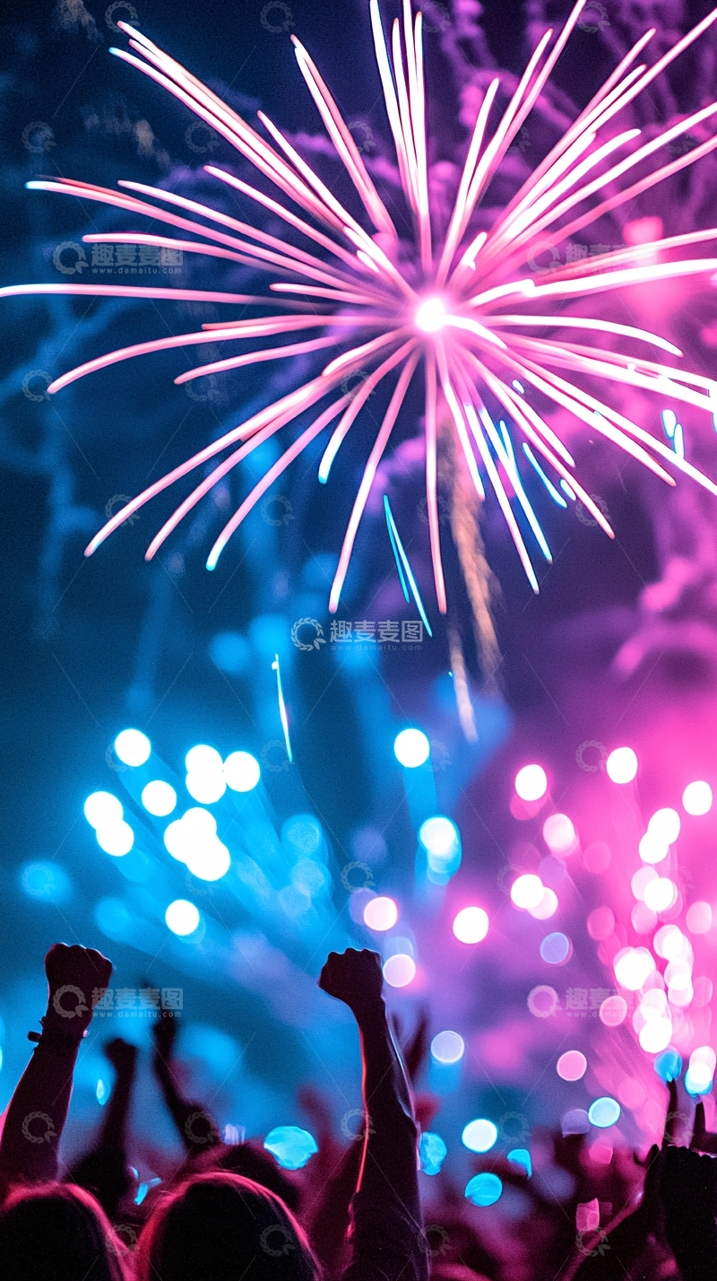高清大图下载【趣麦麦图】烟花夜空中欢呼的人群