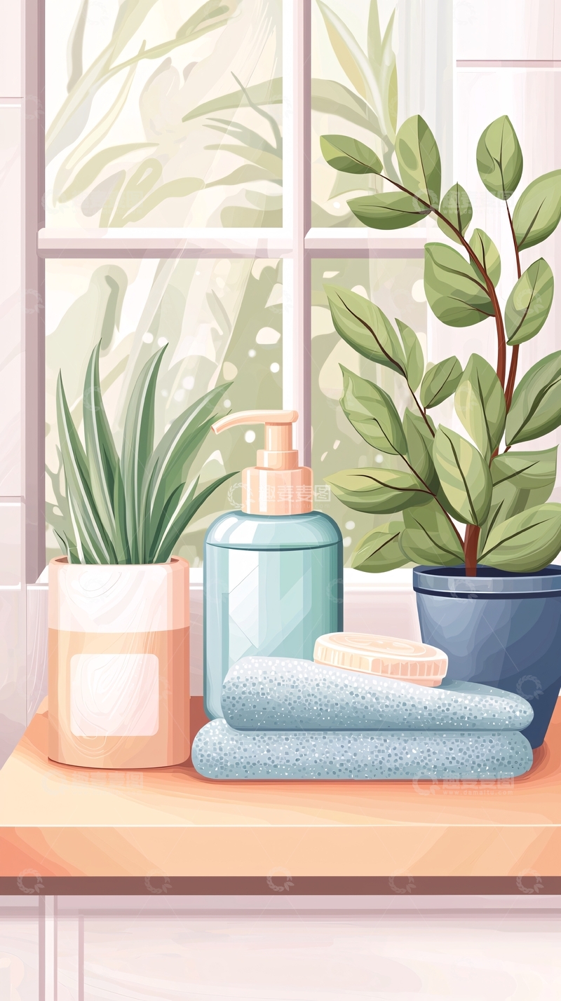 高清大图下载【趣麦麦图】浴室植物与洗漱用品插画