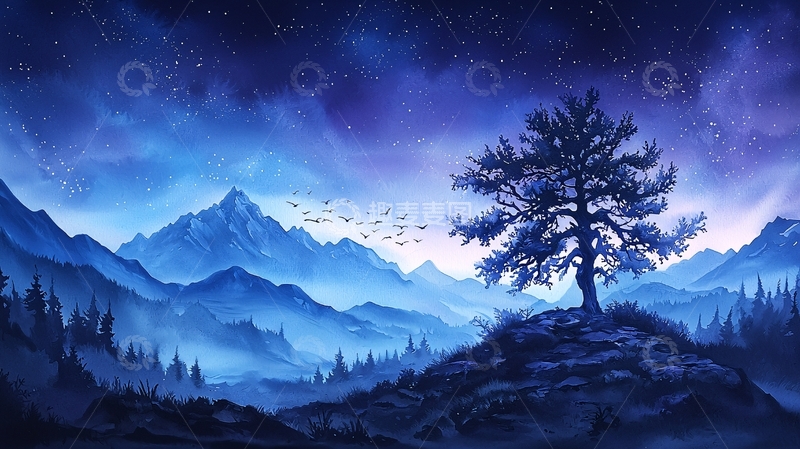 高清大图下载【趣麦麦图】夜空下的孤树与群山