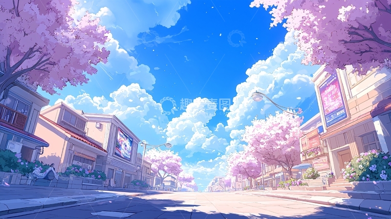 高清大图下载【趣麦麦图】樱花盛开的城市街道