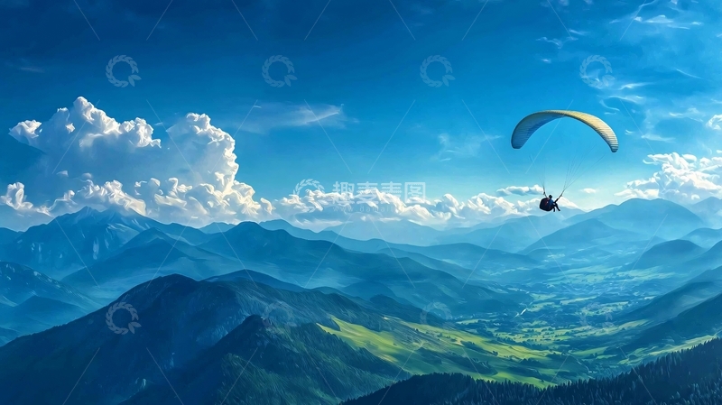 高清大图下载【趣麦麦图】山间滑翔伞飞行风景