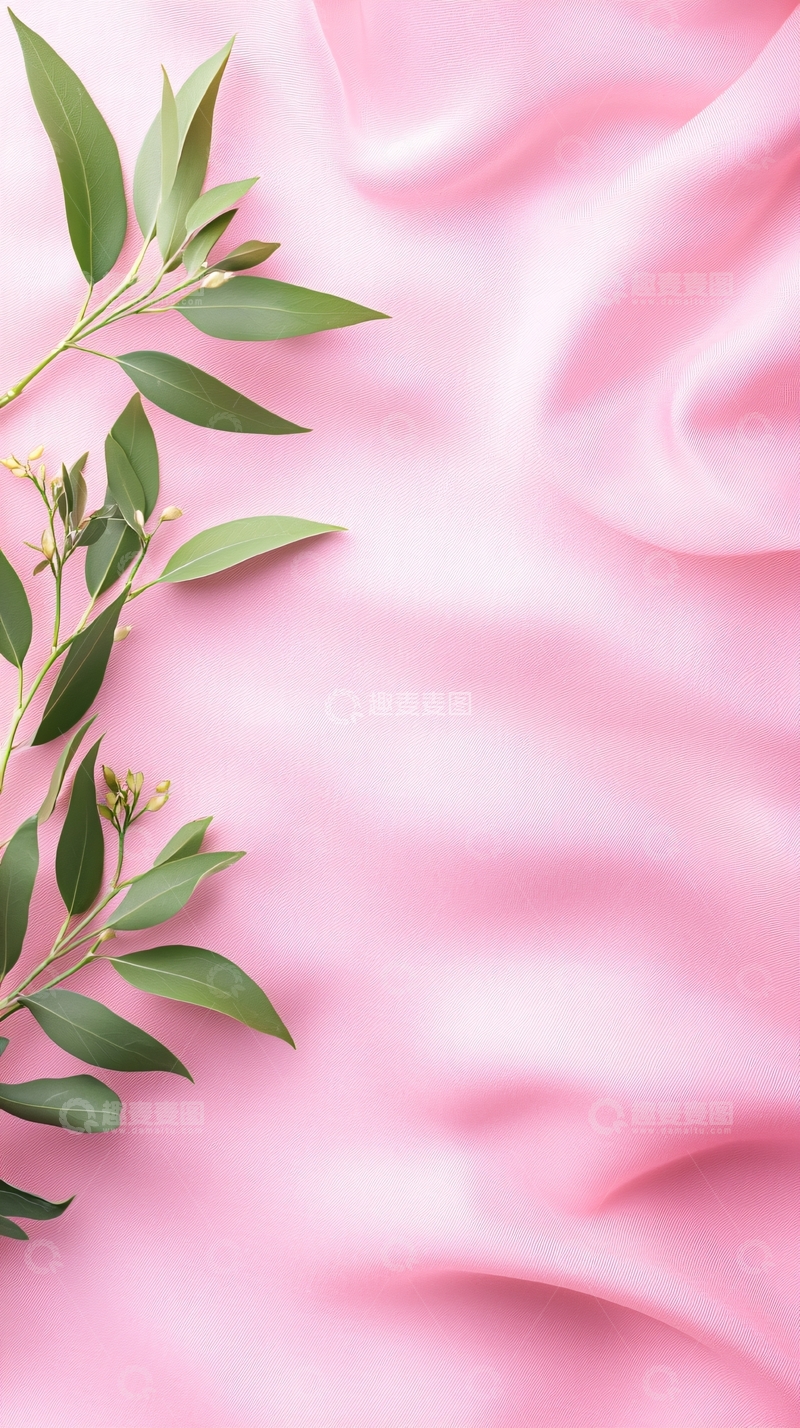 高清大图下载【趣麦麦图】粉色丝滑布料与绿叶装饰背景