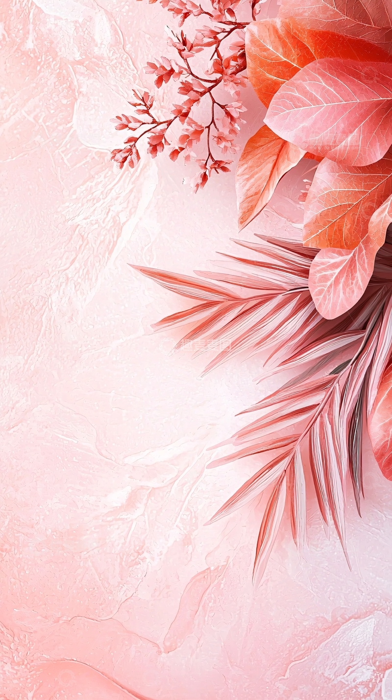 高清大图下载【趣麦麦图】粉色大理石纹理背景植物装饰图