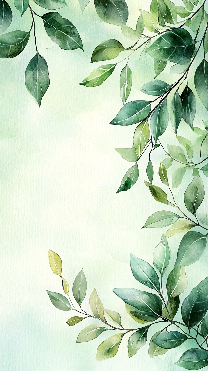 高清大图下载【趣麦麦图】清新绿叶水彩背景图