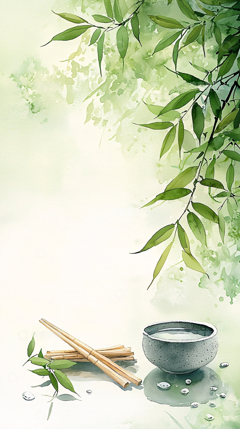 高清大图下载【趣麦麦图】竹叶茶杯筷子水彩背景