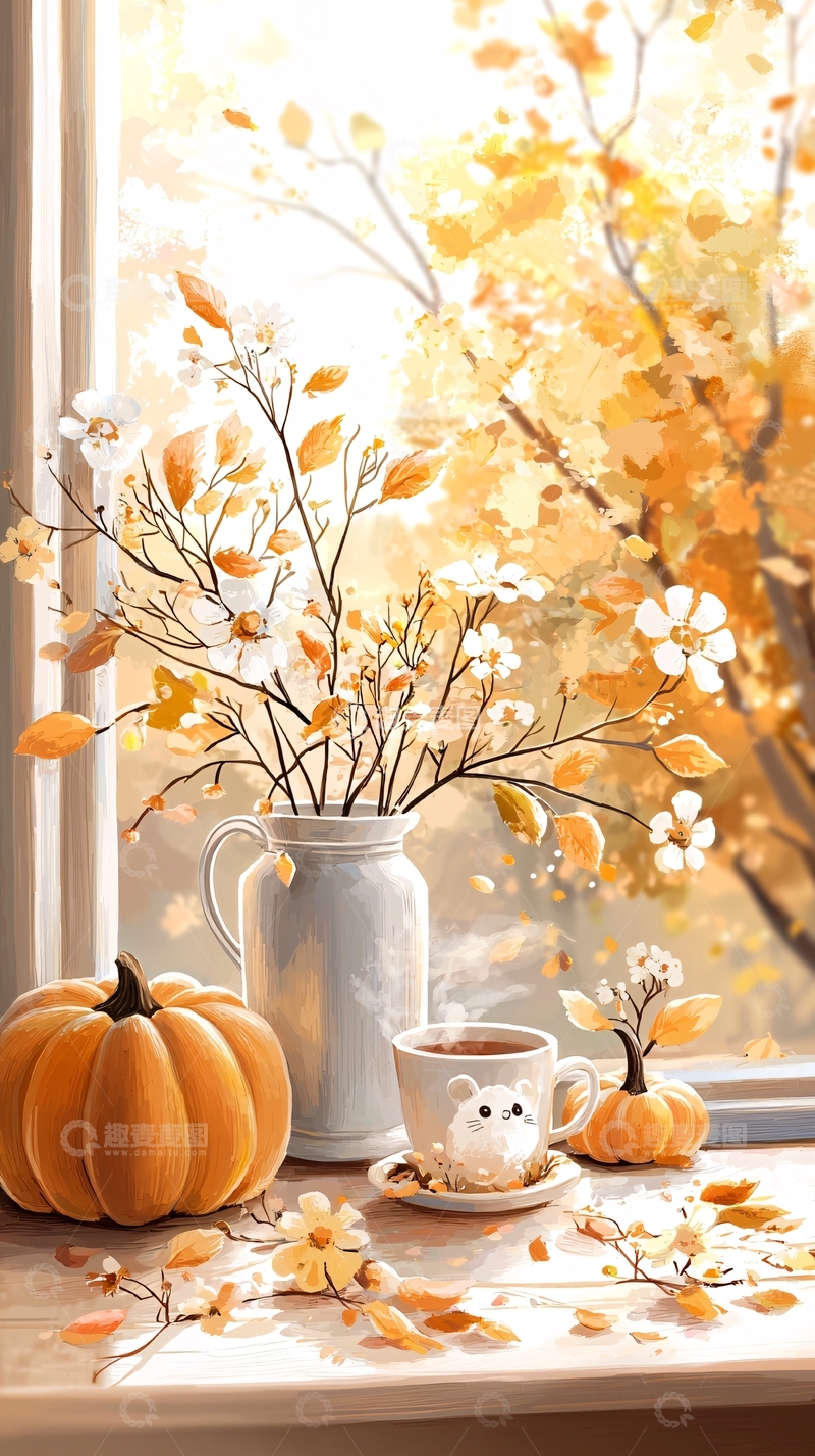 高清大图下载【趣麦麦图】秋日窗台上的温馨场景