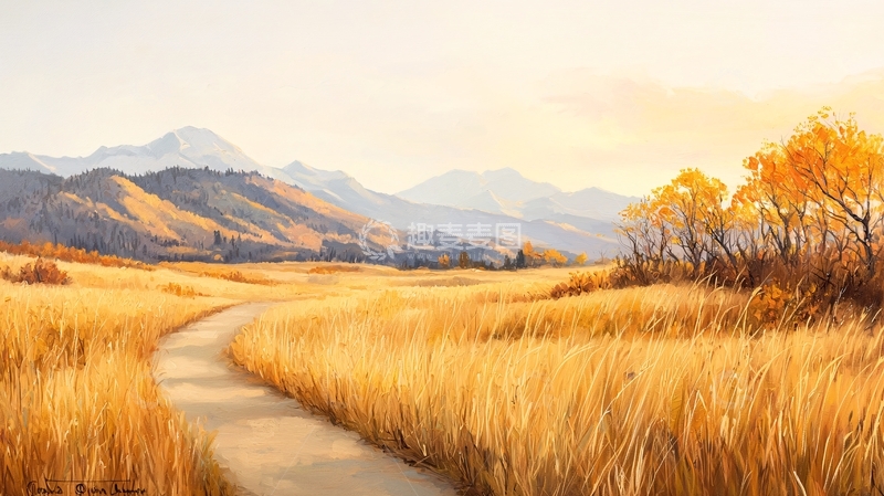 高清大图下载【趣麦麦图】秋日山间小径风景画