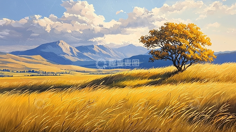 高清大图下载【趣麦麦图】秋日山野孤树图