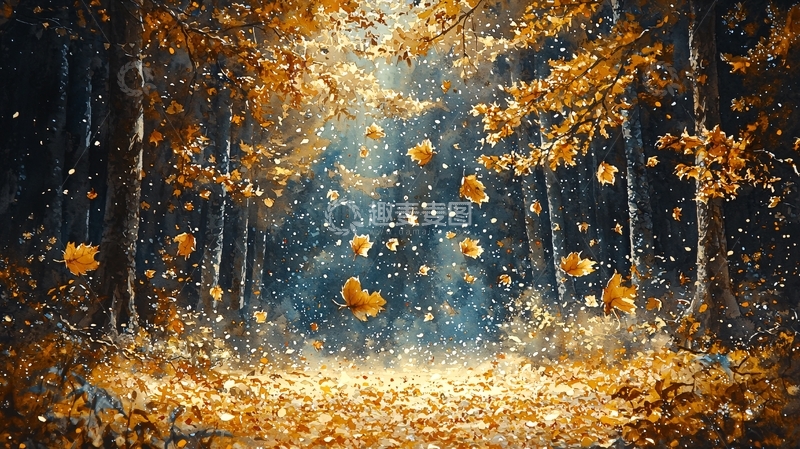 高清大图下载【趣麦麦图】秋日森林落叶飘舞