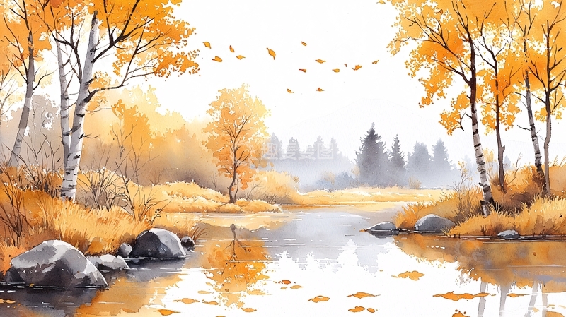 高清大图下载【趣麦麦图】秋日森林河流风景画