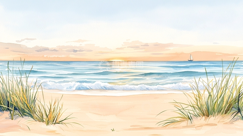 高清大图下载【趣麦麦图】夕阳海滩帆船风景画