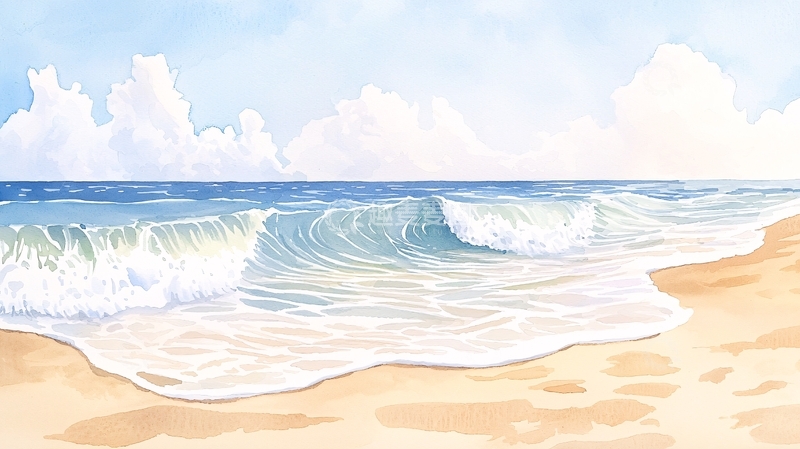 高清大图下载【趣麦麦图】海滩海浪沙滩水彩画