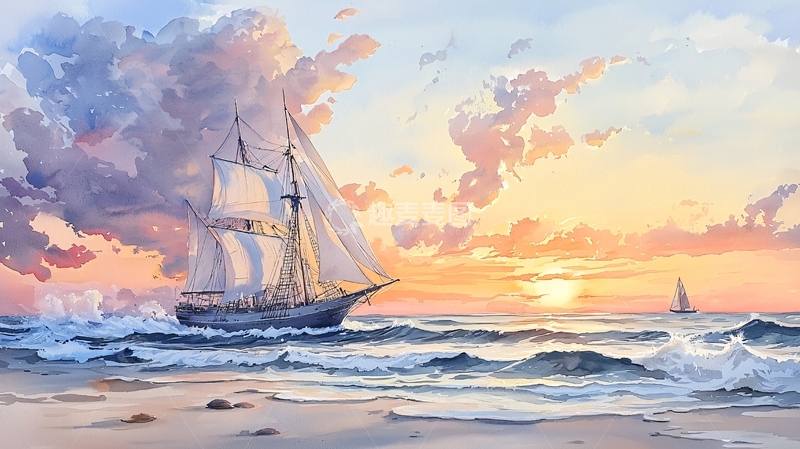 高清大图下载【趣麦麦图】日落海景帆船