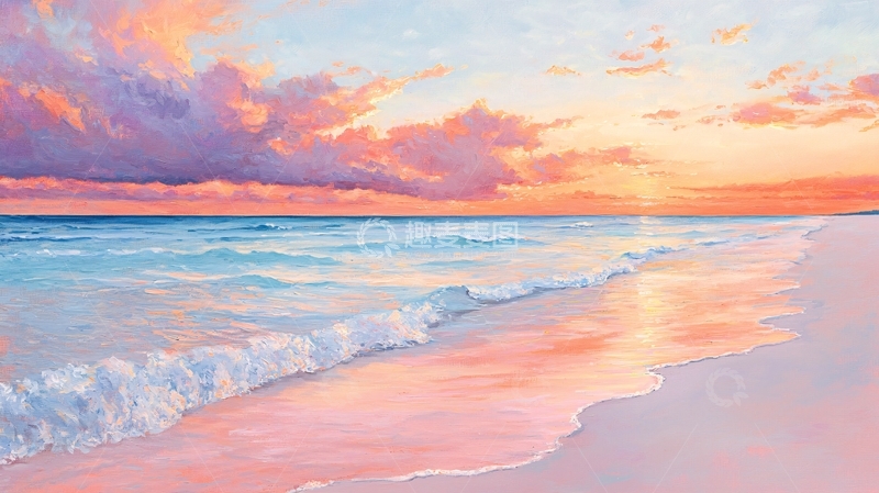 高清大图下载【趣麦麦图】日落海滩油画风景