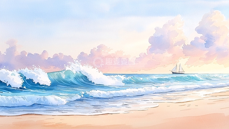 高清大图下载【趣麦麦图】海浪与帆船的宁静海滩