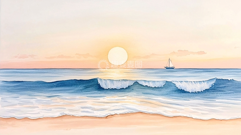 高清大图下载【趣麦麦图】日落海景帆船水彩画