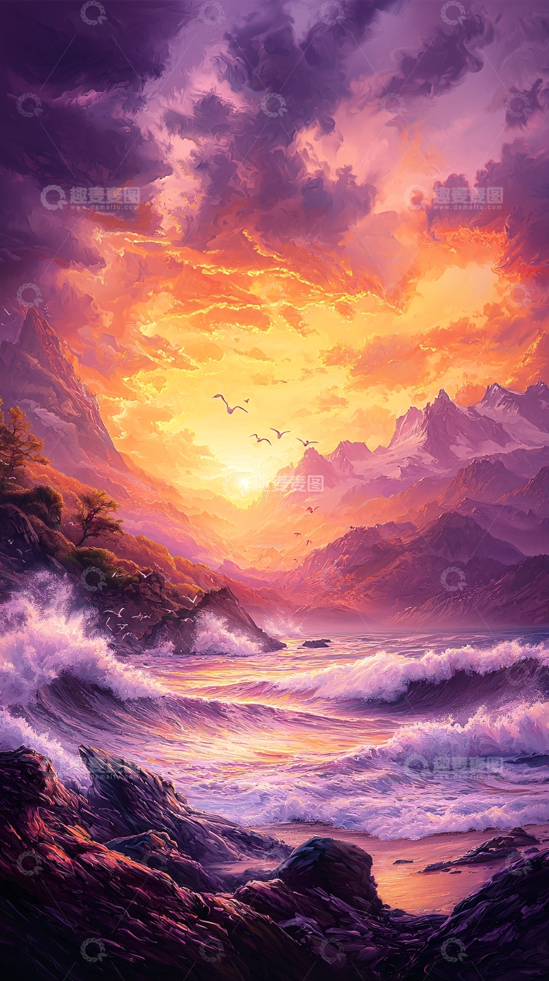 高清大图下载【趣麦麦图】日落海景山峦风景