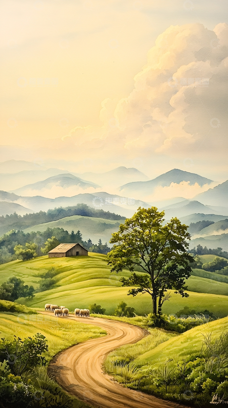 高清大图下载【趣麦麦图】山间小路与羊群的田园风光