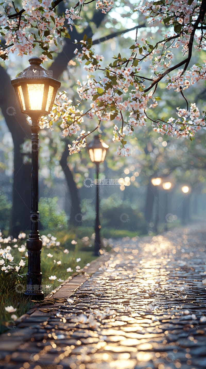 高清大图下载【趣麦麦图】春日公园路灯与樱花