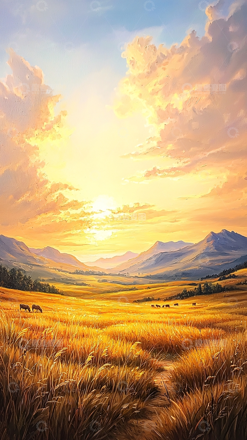 高清大图下载【趣麦麦图】夕阳下的草原与山峦