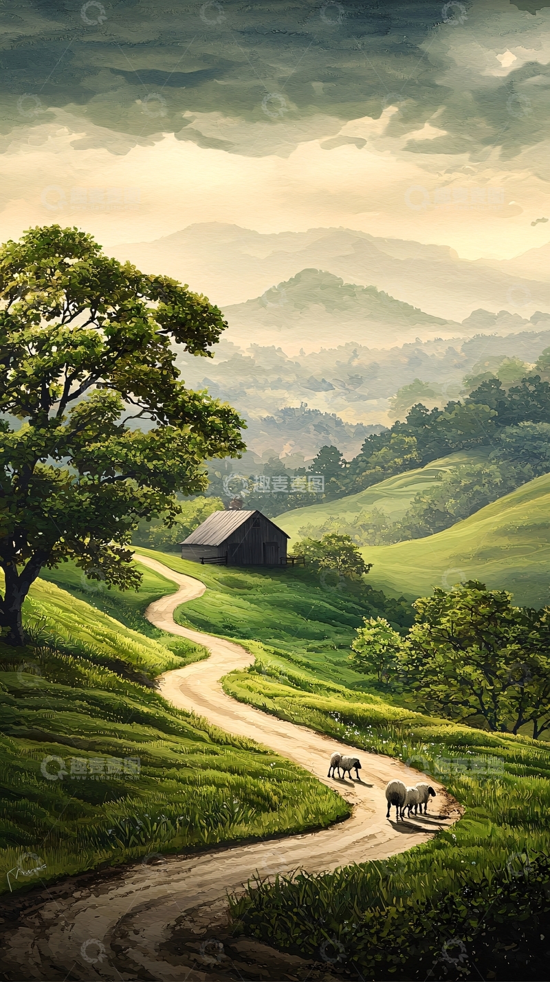 高清大图下载【趣麦麦图】山间小路与羊群
