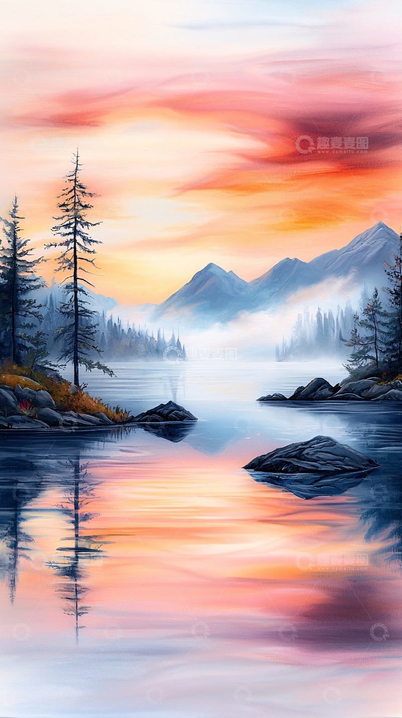 高清大图下载【趣麦麦图】秋日湖畔山景图