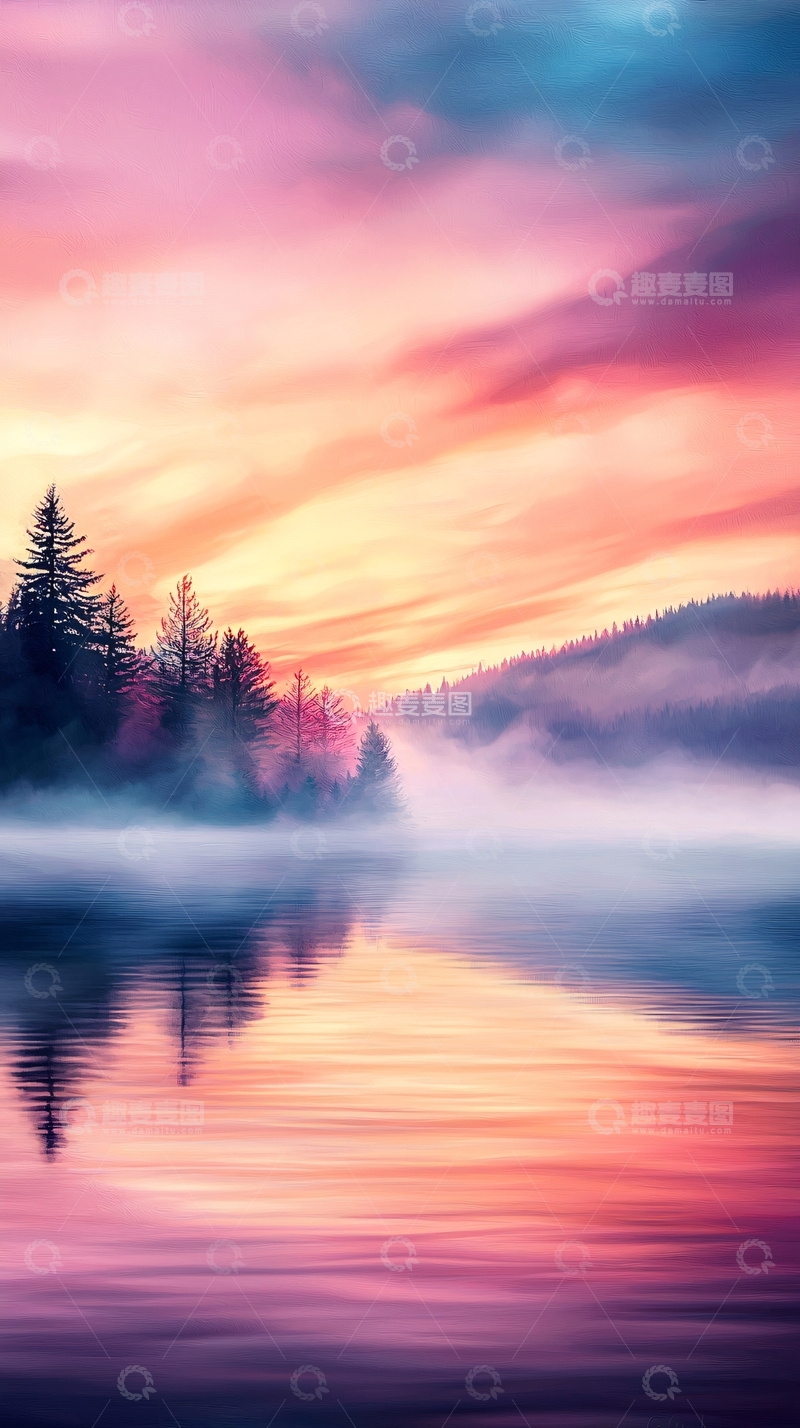 高清大图下载【趣麦麦图】晨雾中的湖畔风景
