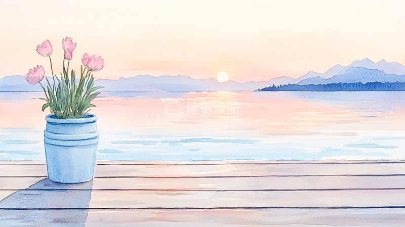 高清大图下载【趣麦麦图】湖边日落与花盆