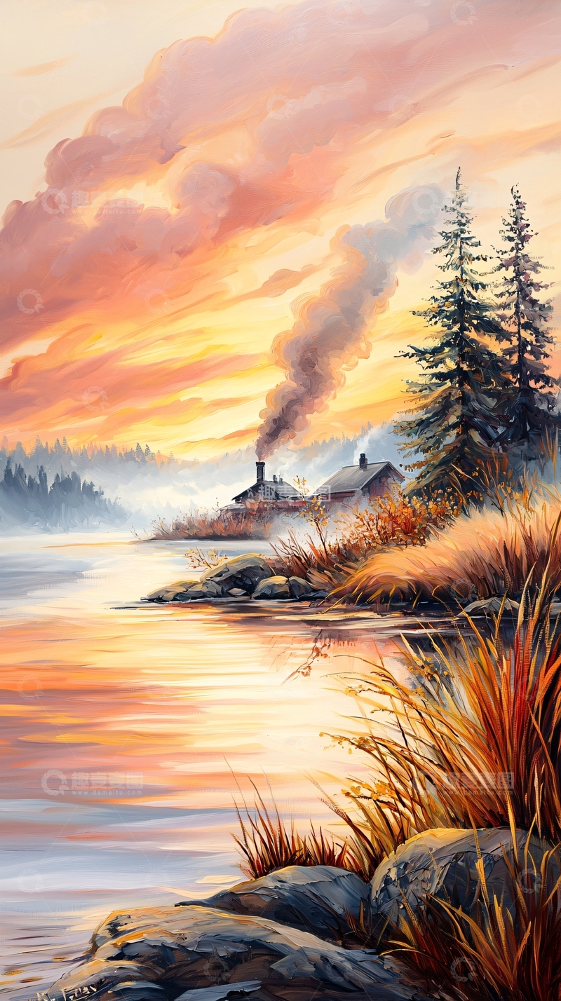 高清大图下载【趣麦麦图】秋日湖畔炊烟袅袅