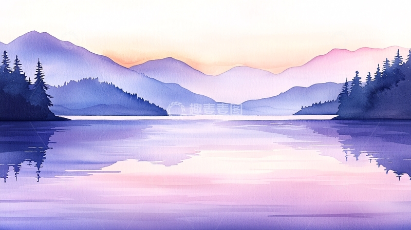 高清大图下载【趣麦麦图】湖畔山景水彩画