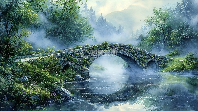 高清大图下载【趣麦麦图】石桥雾中静谧自然风景