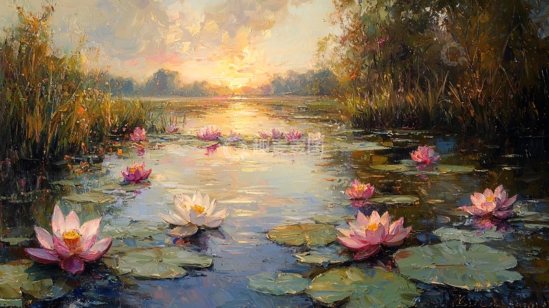 高清大图下载【趣麦麦图】荷塘日落风景画