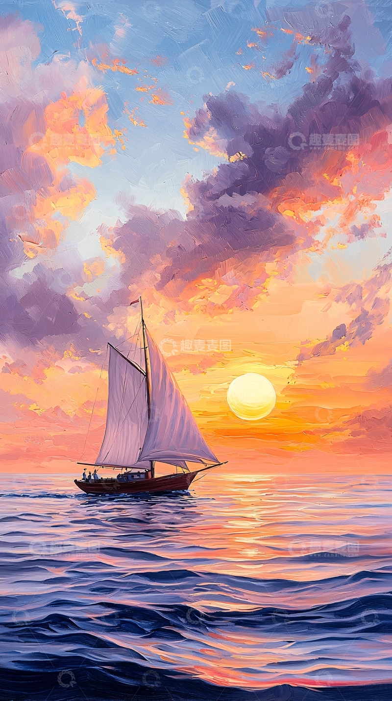 高清大图下载【趣麦麦图】日落海上的帆船
