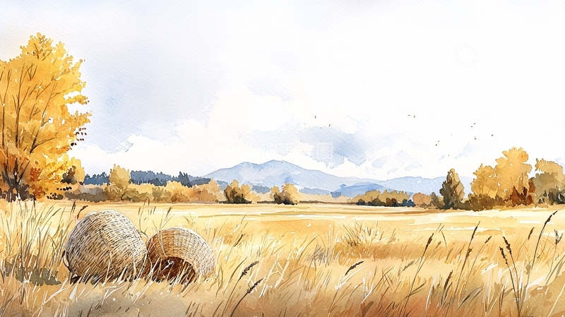 高清大图下载【趣麦麦图】秋日田野与干草堆