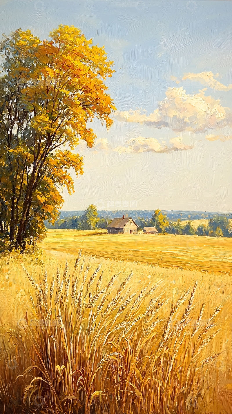 高清大图下载【趣麦麦图】秋日麦田与老屋