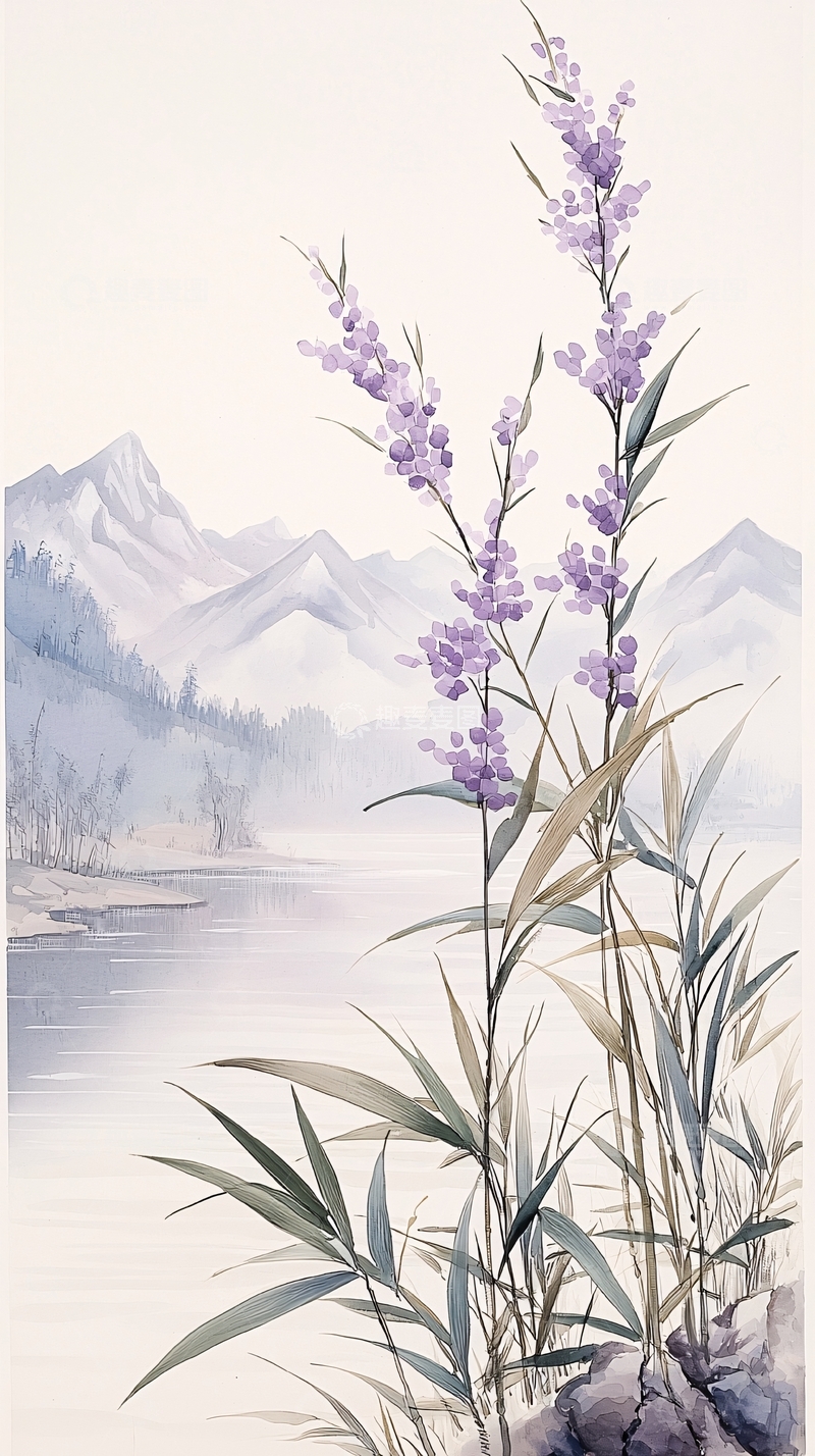 高清大图下载【趣麦麦图】山水画中的紫色植物