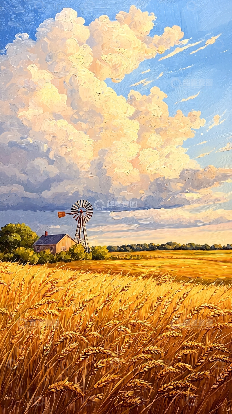 高清大图下载【趣麦麦图】金色麦田与风车的田园风光