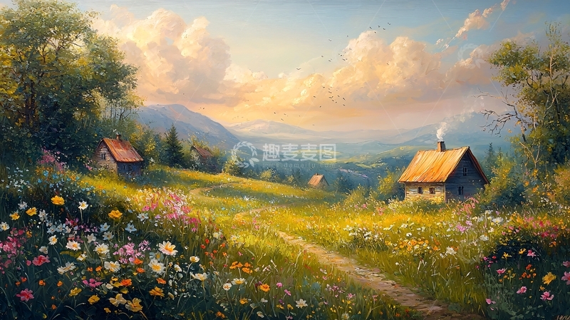高清大图下载【趣麦麦图】山间小屋与野花盛开的田园风光