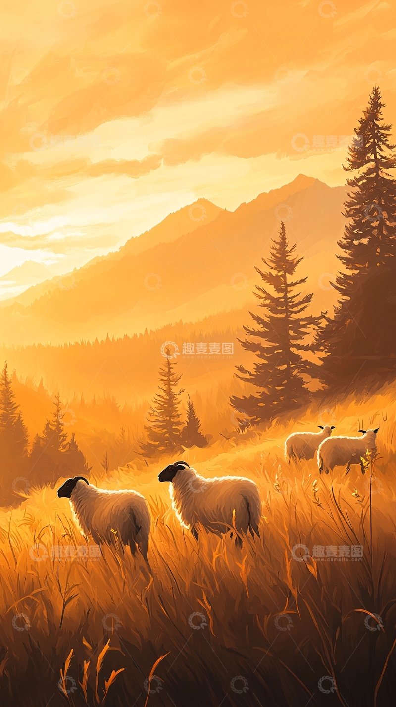 高清大图下载【趣麦麦图】夕阳下的山间羊群
