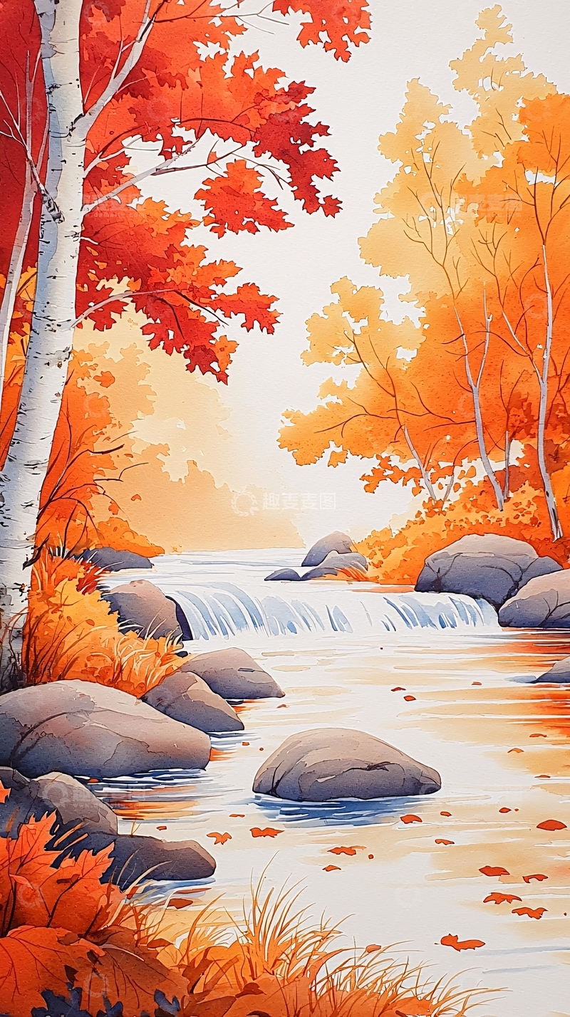 高清大图下载【趣麦麦图】秋日溪流瀑布风景画