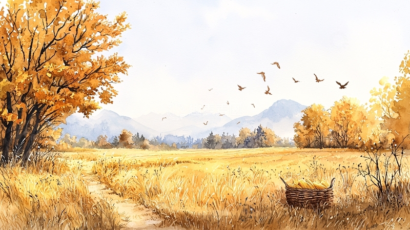 高清大图下载【趣麦麦图】秋日田野与飞鸟
