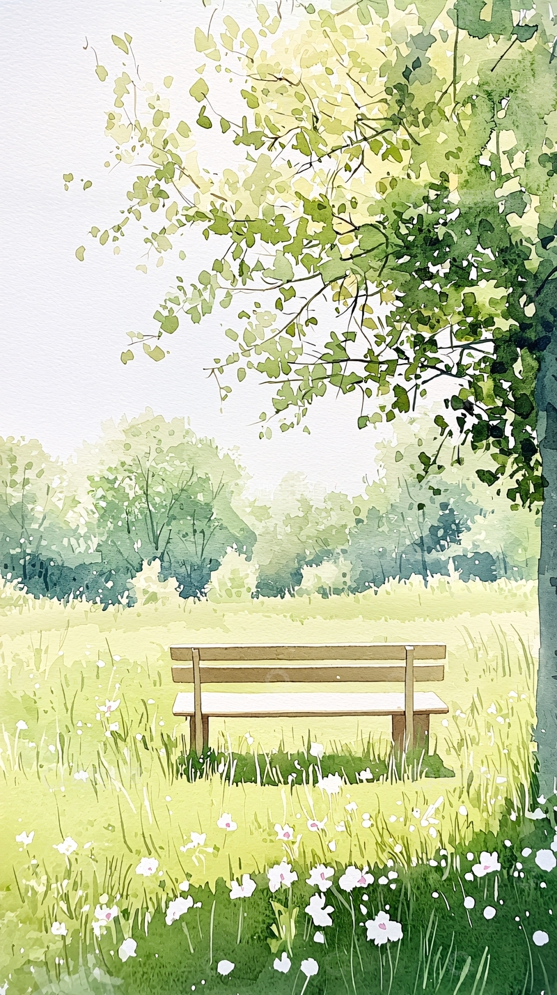 高清大图下载【趣麦麦图】夏日公园长椅水彩画