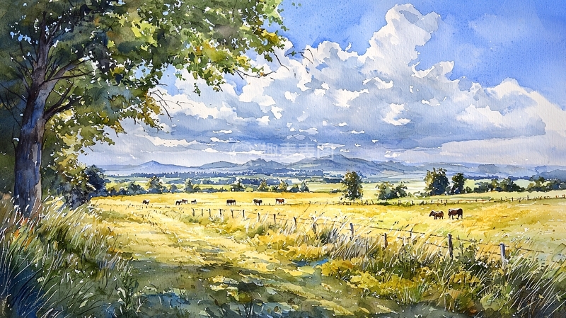 高清大图下载【趣麦麦图】夏日田园风光水彩画