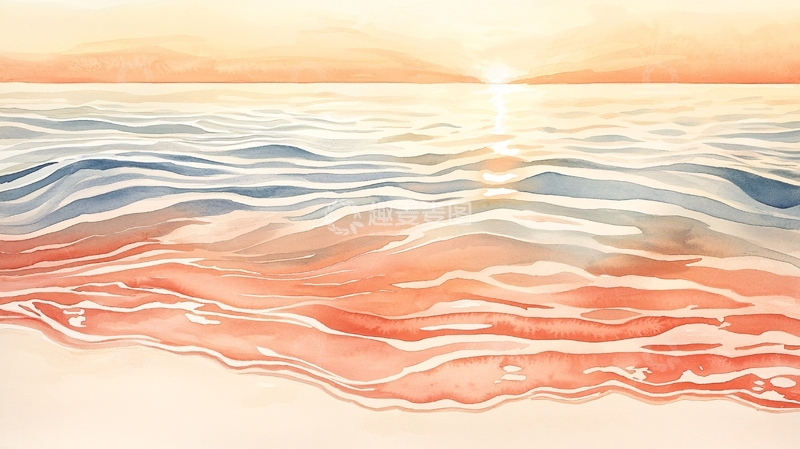 高清大图下载【趣麦麦图】日落海景水彩画