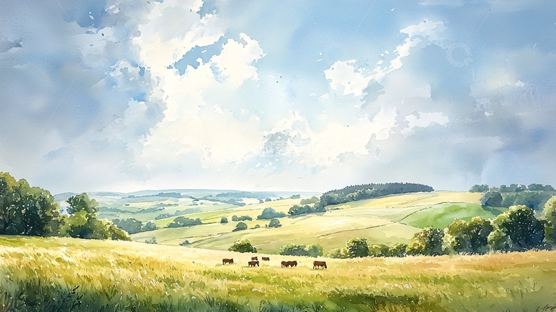 高清大图下载【趣麦麦图】夏日田园风光水彩画